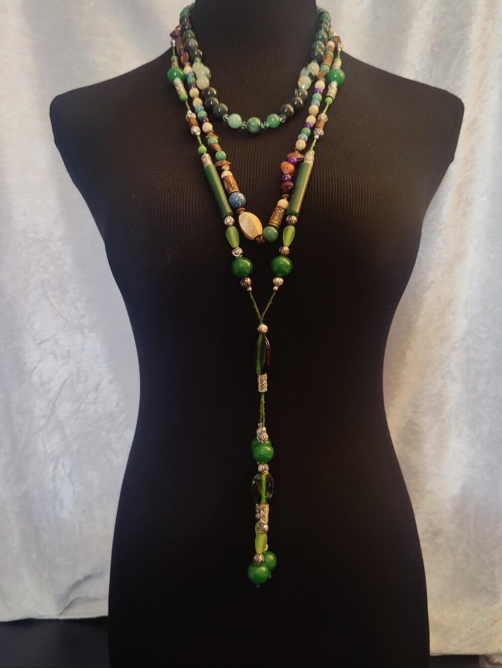 Boho Green Layered Necklace Bundle Jade Agate Jasper Glass Beads Artisan 3 Pc